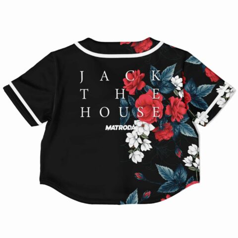 Cropped baseball jersey back view with floral accents and text