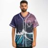 Model wearing purple mauve ocean wave jersey with shark jaw emblem on the front
