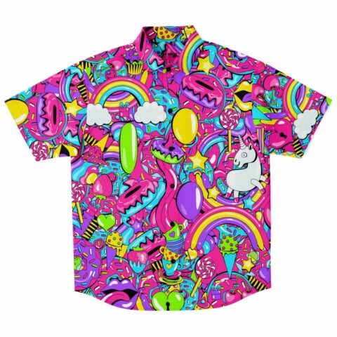 Vibrant button-up shirt with balloons, sweets, and playful elements