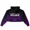 Black cropped hoodie featuring bold text design, back view