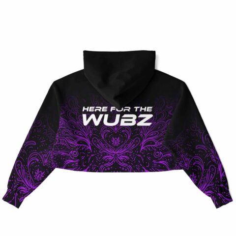 Black cropped hoodie featuring bold text design, back view