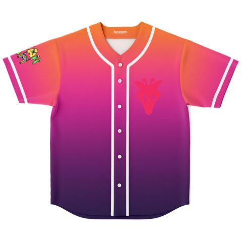 Orange pink abstract gradient jersey with pink chest emblem and cartoon-style sleeve patch, front view