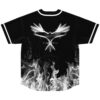 Black jersey with white smoky flames and winged abstract emblem, flat back view