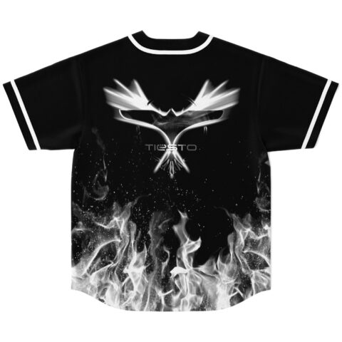 Black jersey with white smoky flames and winged abstract emblem, flat back view