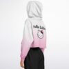 Model showcasing back of hoodie with character and text.