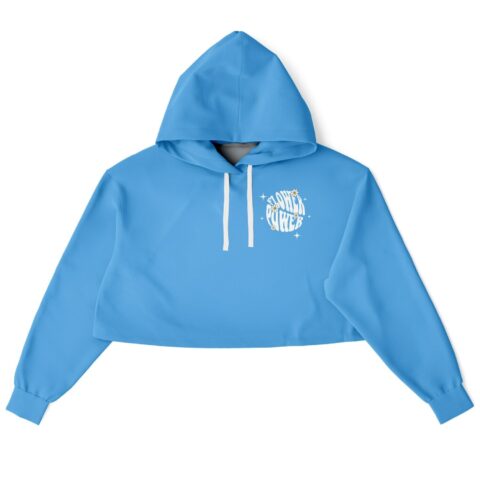 Front view of blue cropped hoodie with floral pattern
