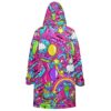 Neon candy collage cloak shows unicorns, balloons, and sweets across hood and back, rear view