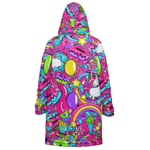 Neon candy collage cloak shows unicorns, balloons, and sweets across hood and back, rear view