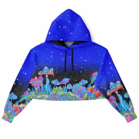 Cropped hoodie front view with colorful floral and mushroom pattern
