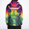 Back view of meditating alien graphic hoodie with LSDream text over neon mushroom forest scene