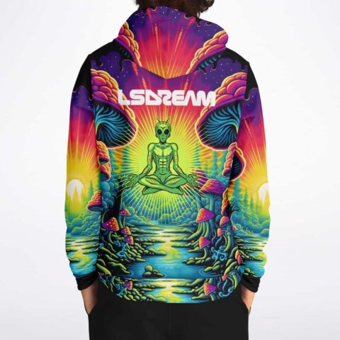 Back view of meditating alien graphic hoodie with LSDream text over neon mushroom forest scene