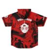 Back view of red and black liquid swirl hooded jersey featuring Volpetron text and robot