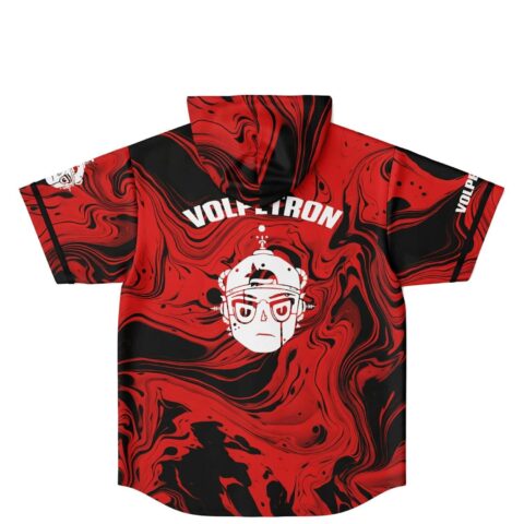 Back view of red and black liquid swirl hooded jersey featuring Volpetron text and robot