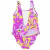 Pink lilac groovy space pattern swimsuit showing open back lining, rear flat-lay view
