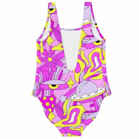 Pink lilac groovy space pattern swimsuit showing open back lining, rear flat-lay view