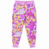 Pink lilac joggers with cartoon flying saucer pattern and eyes, front view on white