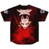 Kitsune mask graphic on black and red rave baseball jersey, back view laid flat