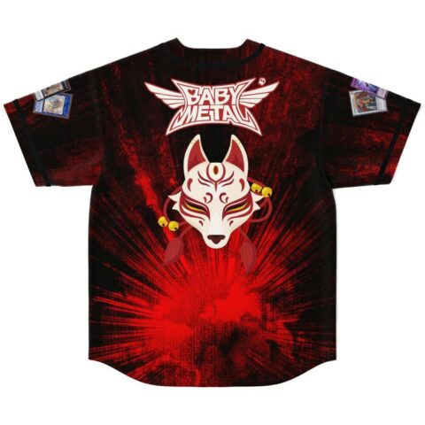 Kitsune mask graphic on black and red rave baseball jersey, back view laid flat