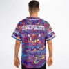 Psychedelic liquid marbled pattern with surreal eyes and white stylized lettering, modeled from the back
