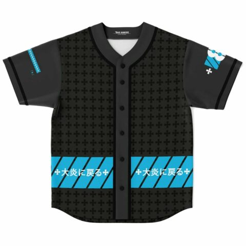 Black repeating cross baseball jersey, cyan striped band reads “+大炎に戻る+” on the front view