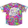 Hot pink candy collage jersey back view featuring oversized GOOD VIBES text and rainbow sweets