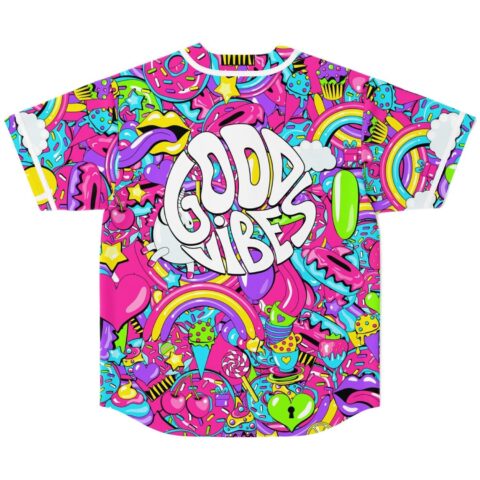Hot pink candy collage jersey back view featuring oversized GOOD VIBES text and rainbow sweets