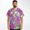 Front-facing model wears hot pink candy collage jersey with white trim, rainbow sweets, and GOOD