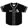 Black monogram baseball jersey with white piping, “Stef” text and A&B emblem, front view