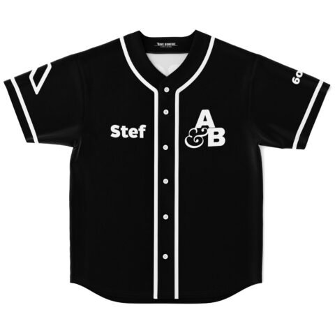 Black monogram baseball jersey with white piping, “Stef” text and A&B emblem, front view