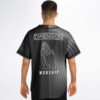 Model wears charcoal jersey back showing Dimension logo and praying hands worship graphic