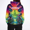 Woman wears back view of glowing alien meditation graphic hoodie with LSDream text and mushroom