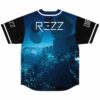 Deep blue alien landscape jersey with glowing flora, planets, and angular white lettering, back view