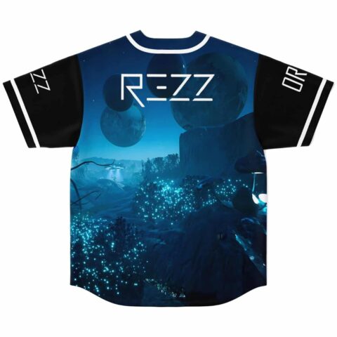 Deep blue alien landscape jersey with glowing flora, planets, and angular white lettering, back view