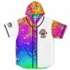 Melting rainbow rave hooded baseball jersey with mushroom skull patch front view
