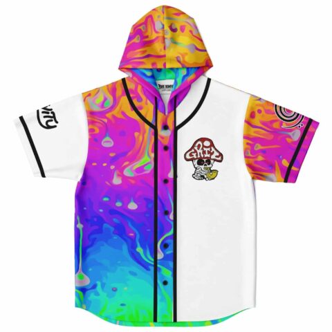 Melting rainbow rave hooded baseball jersey with mushroom skull patch front view