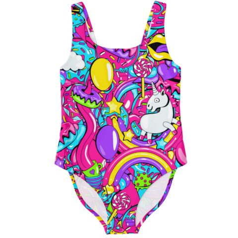 Hot pink candy sweets swimsuit front view with unicorn, lollipops, balloons, rainbows, and colorful sprinkles