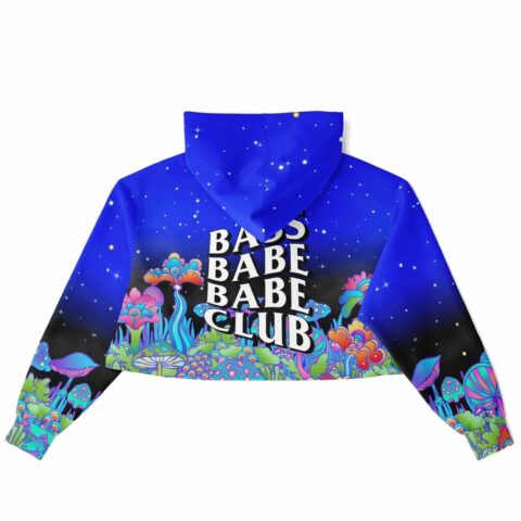 Cropped hoodie with vibrant psychedelic design and bold text