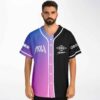 Split blue-to-purple gradient and black geometric front with HOLY lettering, modeled festival wear