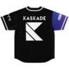 Black geometric back panel with oversized white angular emblem and contrasting gradient sleeves, flat lay