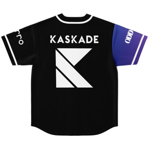 Black geometric back panel with oversized white angular emblem and contrasting gradient sleeves, flat lay