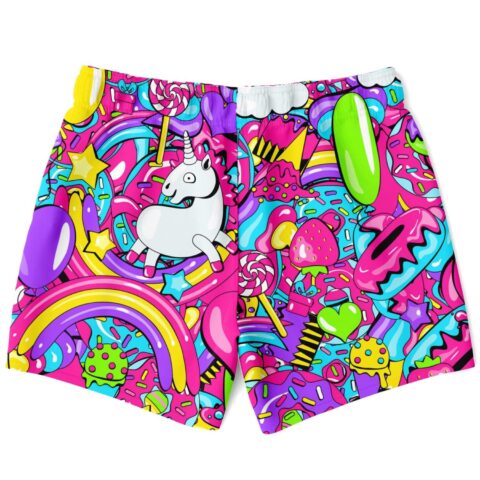 Neon candy collage swim trunks feature a cartoon unicorn and colorful sweets, front product view