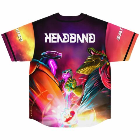 Vivid psychedelic surreal scene back view with neon figures, glowing energy, and dark purple framing