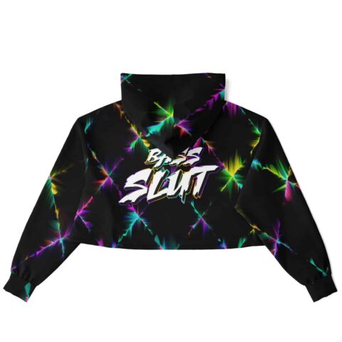 Back view of black cropped hoodie with vibrant neon graphics