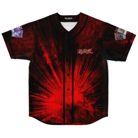 Red radial burst baseball jersey with card-game sleeve patches, front view laid flat