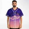 Photographic dusk jersey front view on model with clouds, pink gradient, piping and geometric emblem