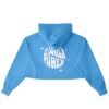 Back view of blue cropped hoodie with floral design
