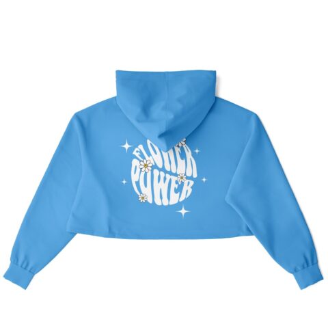 Back view of blue cropped hoodie with floral design