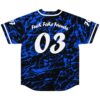 back view of blue paint splatter jersey reading Fuck Fake Friends with number 03