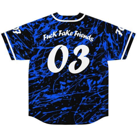 back view of blue paint splatter jersey reading Fuck Fake Friends with number 03