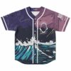 Front view of shark rave baseball jersey with crashing wave print and shark jaw emblem